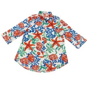 Tabi Nautical Button Down Shirt Womens L - White Coastal Starfish Beach Colorful
